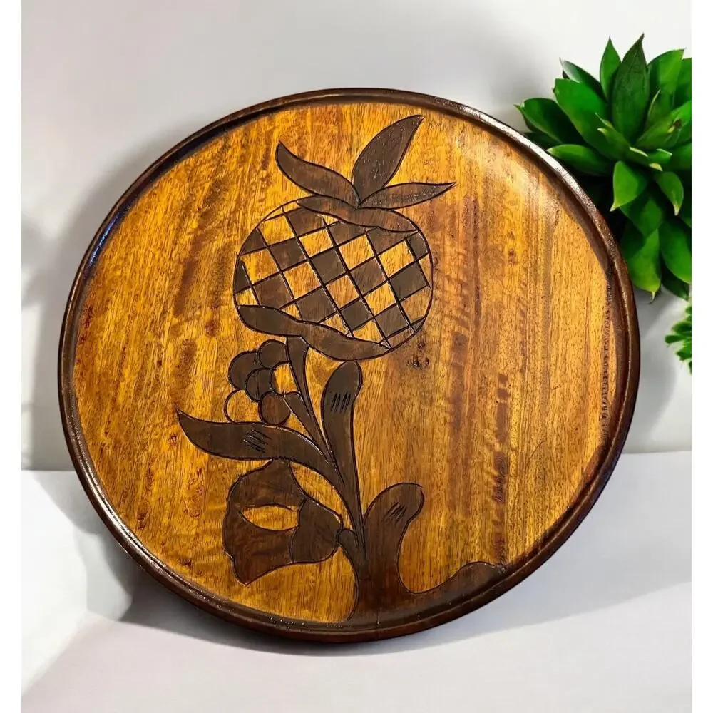 VINTAGE Folk Art HANDCRAFTED Wood Tray CARVED Plate Pineapple Hand 14” 3010-28